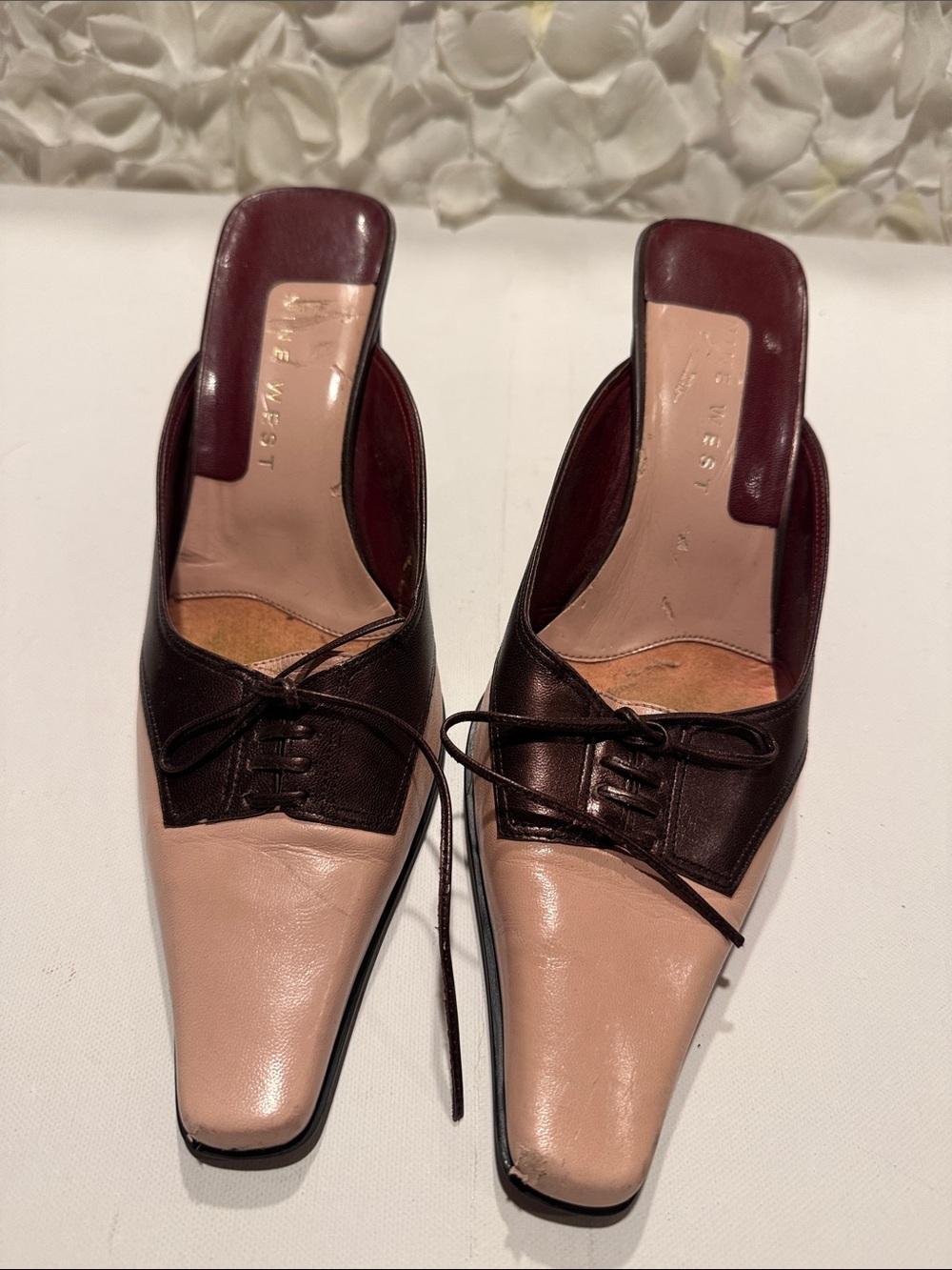 Nine West Two-Tone Lace-Up Mule in Blush and Dark Brown